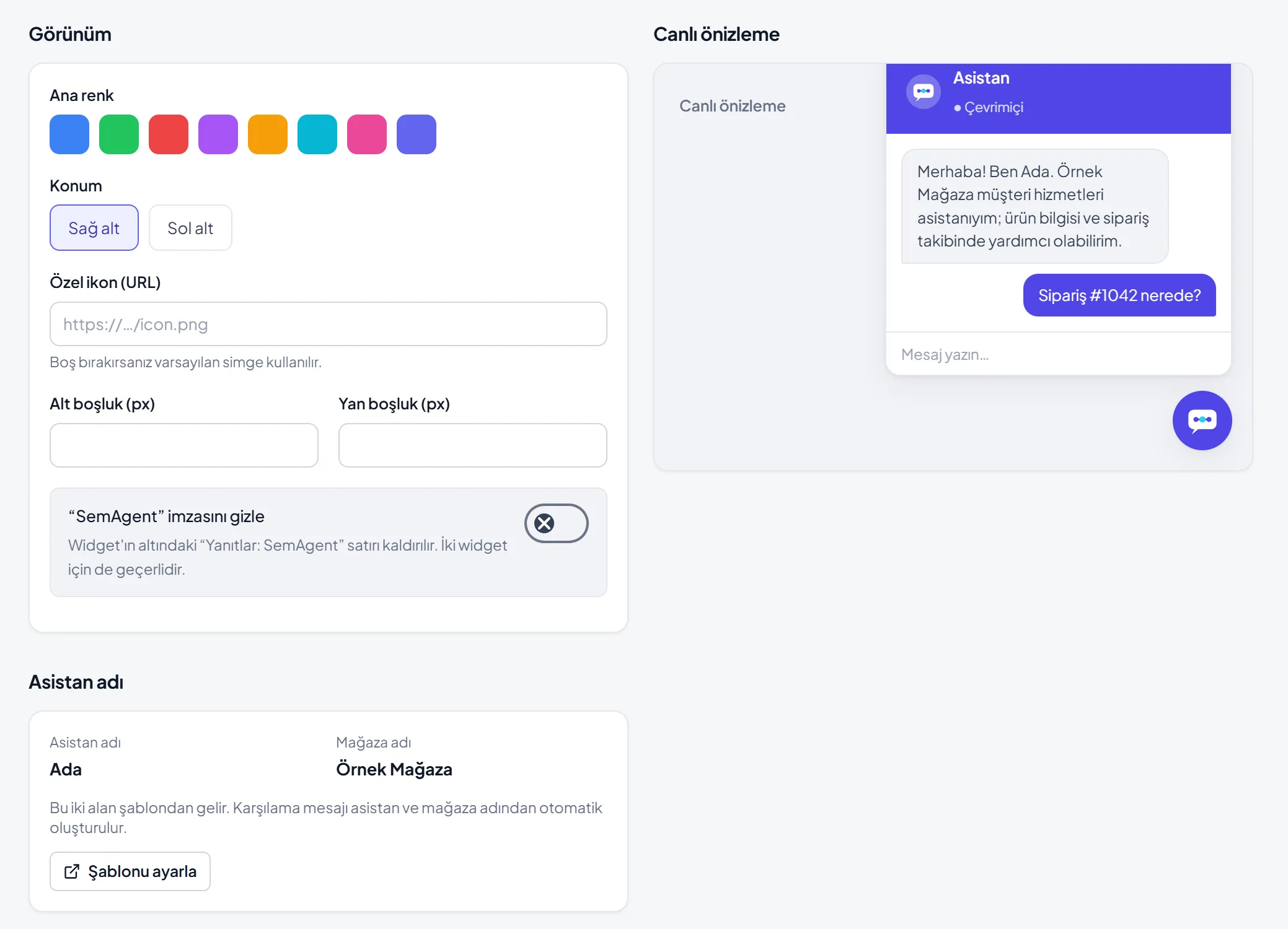 SemAgent paneli: E-Ticaret Widget görünümü, asistan adı ve canlı önizleme