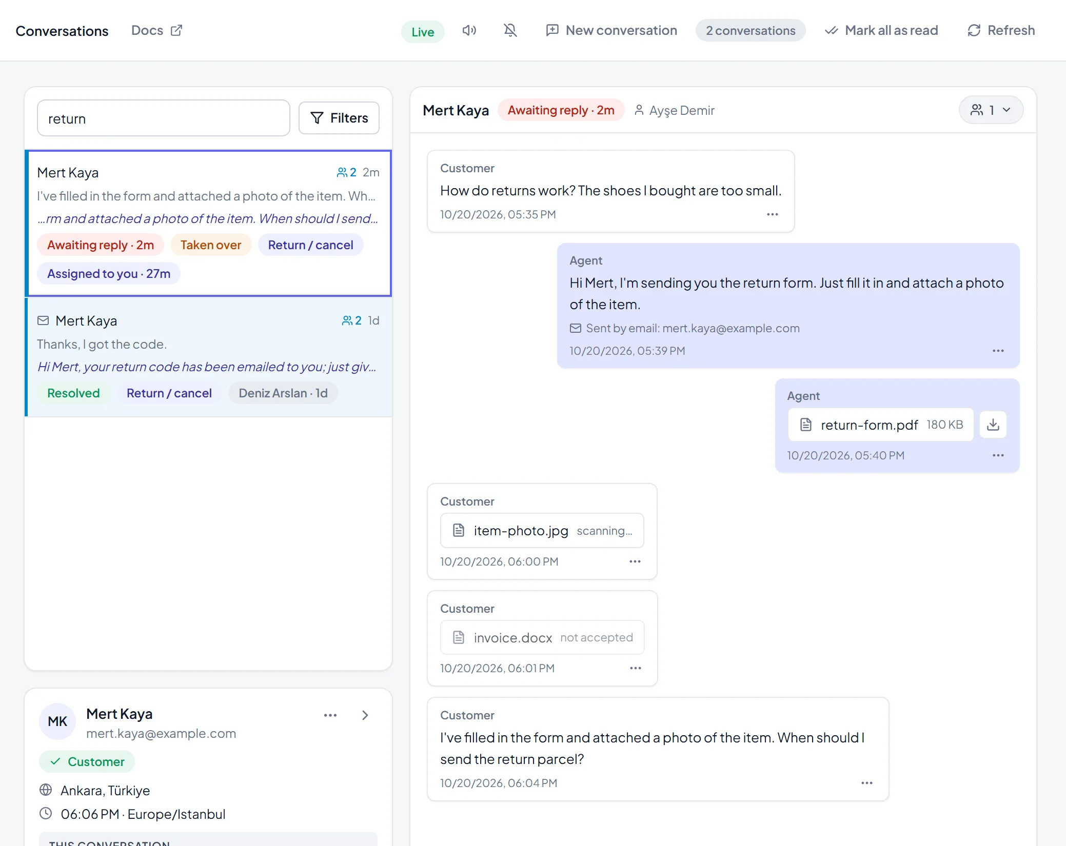 SemAgent panel: Conversations, with an open return request, the customer card and file attachments