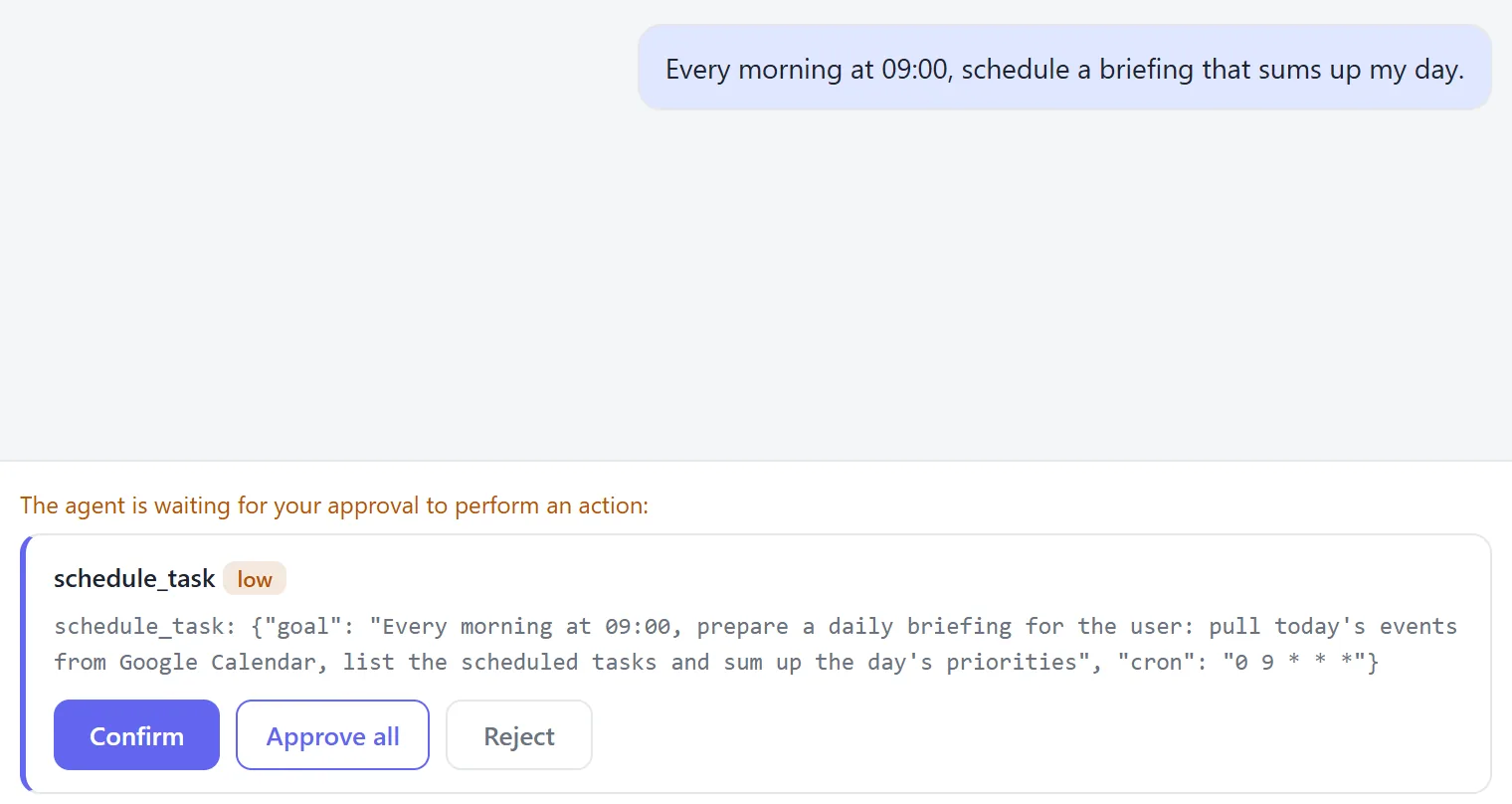 Agent approval card: schedule_task (low), the agent is waiting for your approval; Confirm, Approve all, Reject